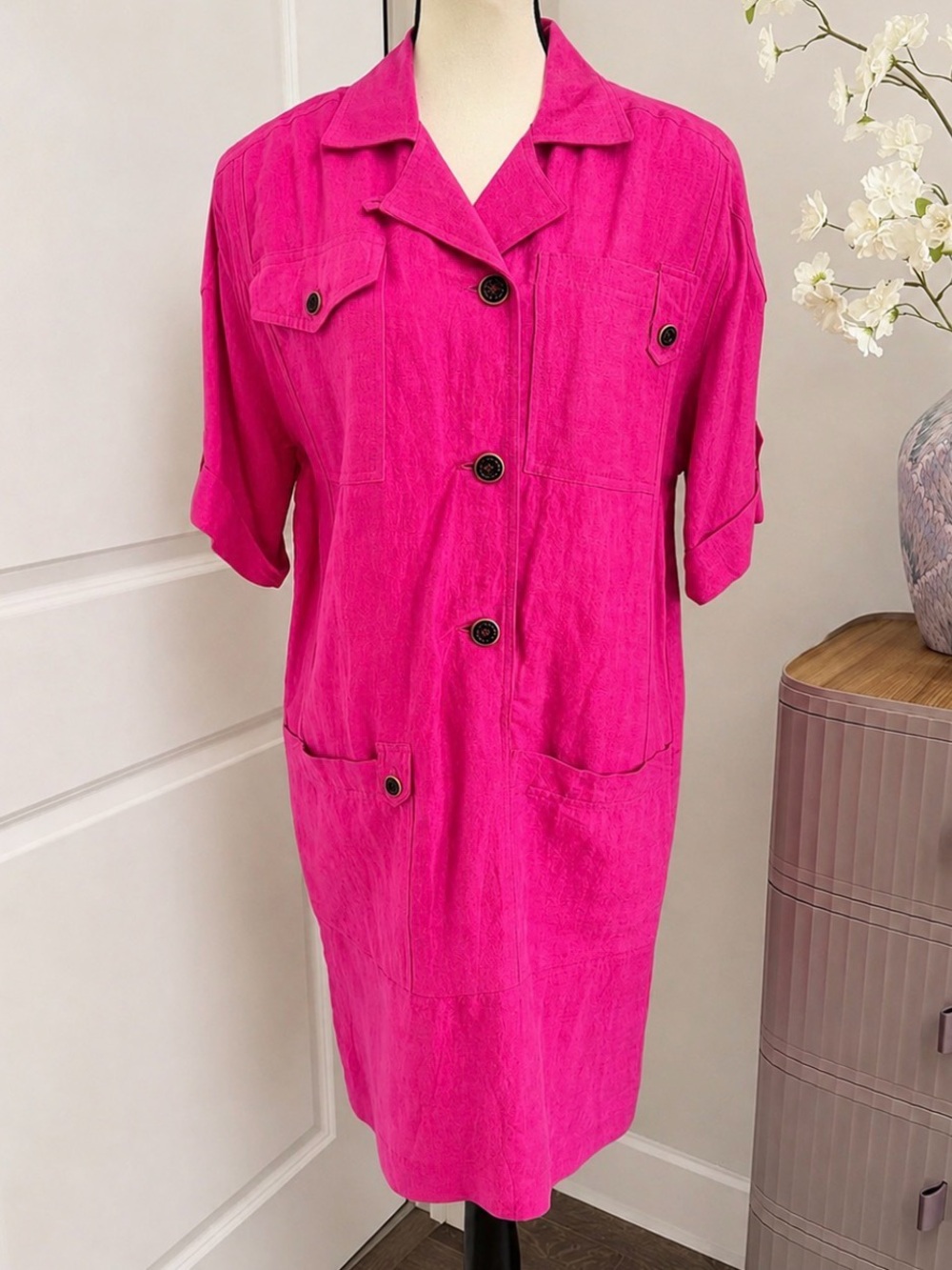 Vintage Carole Little Fuchsia Linen Rayon Utility Shirt Dress Petite 6